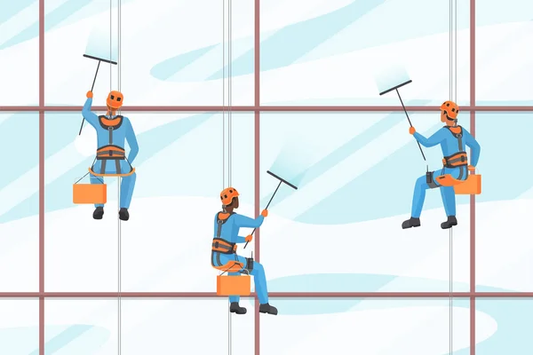 作業者は窓を掃除し 高さベクトル図で作業する オフィスのファサードのガラスをきれいにするためにブラシクリーンでハーネスロープにかかって漫画業界の登山家 キャラクターの建物を登る — ストックベクタ
