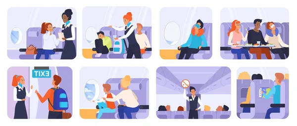 描述乘坐飞机旅行的乘客 飞机机舱内孤立的卡通场景 展示了提供服务的乘客 空姐和机组人员以及航空公司指示向量图 — 图库矢量图片