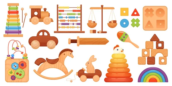 Holzspielzeug Für Kinder Setzt Vektor Illustration Cartoon Isolierte Montessori Kollektion — Stockvektor