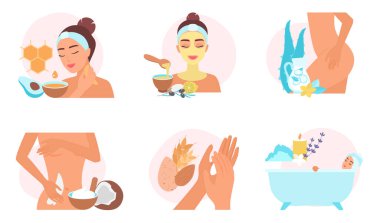 Doğal ev yapımı kozmetik, vektör çizimi. Çizgi filmdeki kızlar, organik gıda malzemeleri, vücut ve yüz bakımı, vitaminler ve gerekli yağ ile güzellik tedavisi ve spa diy tedavisi uyguluyorlar.