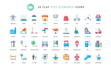 Ofis binası, apartman dairesi, stadyum ve restoran, sokak tabelası ve ulaşım için park yeri, çocuk parkı yemek sahası. Şehir ögeleri trend düz simgeler vektör illüstrasyonunu ayarlar