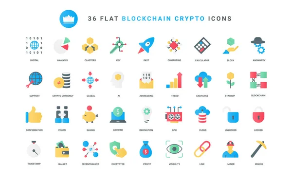 stock vector Trendy flat color icons for cryptocurrency, blockchain, global digital crypto money trends, profit on fintech exchange analysis, bitcoin data mining, startup launch rocket vector illustration