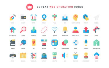 Veri alışverişi ve indirme için yönlendirici ve yüksek hızlı internet, alışveriş için mobil uygulamalar ve çevrimiçi bulut depolama, siber güvenlik. Web iletişim modu düz simgeleri vektör illüstrasyonunu ayarladı