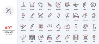 Müzikli, tiyatrolu, sinema sineması medya projeli, portföy sembollü resimli resim koleksiyonu. Sanat tasarım yaratıcı süreci için modaya uygun siyah ince çizgi simgeleri