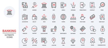 Kırmızı siyah ince çizgi simgeleri finans, muhasebe analiz servisi ve analitik, banka hesabı, para kar büyümesi, doğrusal borsa veri araştırma bilgi vektörü ilülasyonu