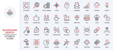 Kırmızı siyah ince çizgi simgeleri engelleme zinciri, bitcoin, şifreli para dijital cüzdan, ağ içinde veri madenciliği, kripto para değişimi, işlem ödeme pictogram kriptografi vektör çizimi için ayarlandı