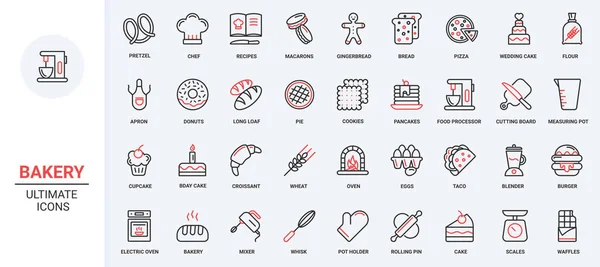 Red Black Thin Line Icons Set Sweet Food Collection Kitchen — Stock Vector