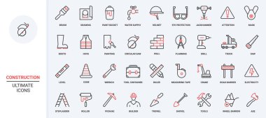 Yapım ve onarım modası geçmiş kırmızı siyah ince hat ekipmanı ve araç ikonları ayarlandı. Miğferli miğfer, koruma botları, rulet seviyesi, vinç, elektrik tuğla işi sembolleri vektör illüstrasyonu