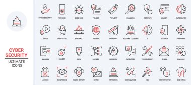 Güvenli bilgi trend kırmızı siyah ince çizgi simgeleri vektör illüstrasyonunu ayarlayın. İnternet teknolojisi, virüs saldırısından korunma, kötü amaçlı yazılım ve ağa erişim.