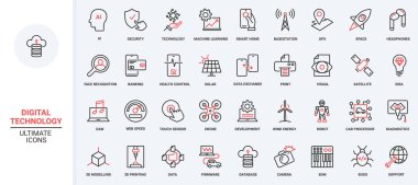 AI makine öğrenme, akıllı ev, veri iletişimi, internet ağ sembolleri, robot destek servisi, eko-teknoloji girişimi. Dijital teknolojinin vektör illüstrasyon kümesi kırmızı siyah ince çizgi simgeleri