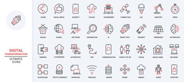 Dijital teknoloji, ağ iletişimi ve ekipman trendi kırmızı siyah ince çizgi simgeleri vektör illüstrasyonunu ayarlar. Akıllı ev güvenliği, ödeme ve alışveriş, İHA ve robot otomasyonu, veri transferi
