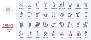 İçecekler modaya uygun kırmızı siyah ince çizgi simgeleri vektör illüstrasyonunu ayarlar. Maden suyu, alkol kokteyli, meyve vitamini suyu, sıcak kahve ve çay, şampanya ve bira bardaklı restoran barı menüsü.