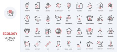 Ekoloji, yeşil geri dönüşüm teknolojisi, çevre trendi kırmızı siyah ince çizgi simgeleri vektör illüstrasyonunu ayarlar. Eko ev, turizm, elektrikli araba ve biyolojik yakıt, iklim değişikliği, eko tüketim, doğanın bakımı
