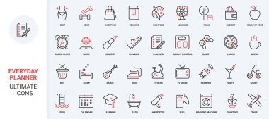 Planlayıcı kırmızı siyah ince çizgi simgeleri vektör illüstrasyonunu ayarlar. Takvim mobil uygulama sembolleri sağlıklı eğlence, spor salonunda fitness çalışması, sağlık ve kilonun diyet kontrolü, kahve molası ve ödeme.
