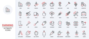 Çiftlik tarımı kırmızı siyah ince çizgi simgeleri vektör illüstrasyonunu ayarlar. Çiftçi traktör kamyonu, eko köyü yel değirmeni ve güneş paneli, çiftlik evi tarım ekipmanları, tarım makineleri, organik hasat.