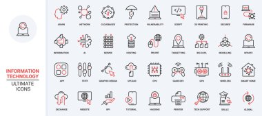 İnternet ağı bilgisayar veritabanı sembolleri, büyük veri analizi koruması, takas indirme, destek merkezi. Bilgi teknolojisi trend kırmızı siyah ince çizgi simgeleri vektör illüstrasyonunu ayarlar.
