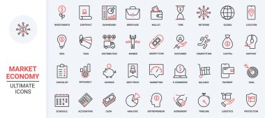 Banka hesapları, harita raporları, dağıtım ve sözleşme tahsilatları. Maliye ve bütçe, ekonomi, mali yatırım ve tasarruf trendi kırmızı siyah ince çizgi simgeleri vektör illüstrasyonunu belirledi.