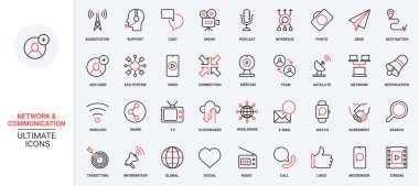 Küresel destek, iletişim kulesi uydu sistemi, e-posta bildirim sohbet mesajları sembolleri. Sosyal medya küresel ağ teknolojisi için belirlenmiş kırmızı siyah ince çizgi simgelerinin vektör illüstrasyonu.