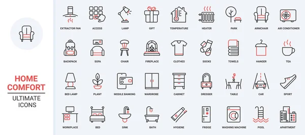 Furniture Equipment Home Elements Red Black Thin Line Icons Set — Stock Vector