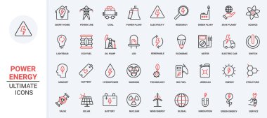 Vektör illüstrasyon kırmızı siyah ince çizgi simgeleri elektrik santrali enerjisi, yenilenebilir kaynakları yönetmek için küresel yeşil teknoloji doğa, hidro ve nükleer fabrika ve eko yakıtı.