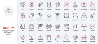 Vektör illüstrasyon kırmızı siyah çizgi simgeleri güvenlik için ayarlandı, sağlık için kaza riski, yaşam koruma sembolleri, acil servis tehlike felaketleri, güvenlik sigorta kalkanı, destek