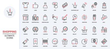 Ticari internet teknolojisi, indirimli hediyeler, perakende satış etiketi ödemeleri, yiyecek dolu sepet arabası, mobil uygulama arayüzü sembolleri için belirlenmiş siyah çizgili simgeler.