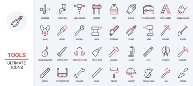 İşçi, İngiliz anahtarı, çekiç ve boya için güvenlik kaskı ve yeleği. Marangozluk, inşaat ve onarım için gerekli aletler ve ekipmanlar kırmızı siyah ince çizgi simgeleri vektör illüstrasyonunu ayarlar