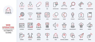 Mobil uygulamalara veri yükle, indir ve güncelle ve coğrafi konum, kablosuz ağın siber güvenliği, sanal gerçeklik oyunları. Web iletişim modu kırmızı siyah ince çizgi simgeleri vektör illüstrasyonunu ayarlar.