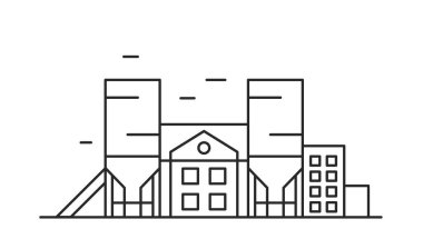 Endüstriyel üretim deposu. Fabrika binası, elektrik santrali vektör taslağı çizimi