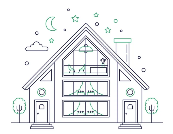 Casa Americana Del Villaggio Architettura Cottage Suburbana Illustrazione Della Linea — Vettoriale Stock