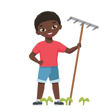 Bahçe tırmığıyla mutlu küçük çocuk. Bahçe işleri, doğa vektörü çizimlerini kaydet