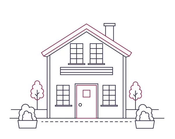 Suburban Traditional American Villa Countryside Family House Vector Line Illustration — Stock Vector