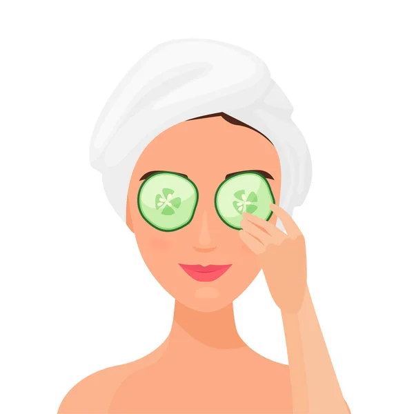 女人脸上的黄瓜面罩化妆品护理 美容治疗病媒卡通画 — 图库矢量图片