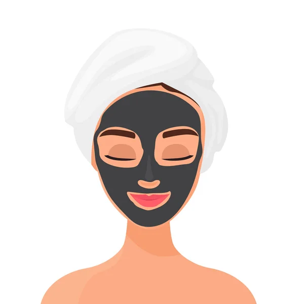 Máscara Carvão Rosto Mulher Tratamento Cuidados Beleza Casa Cosméticos Vetor — Vetor de Stock