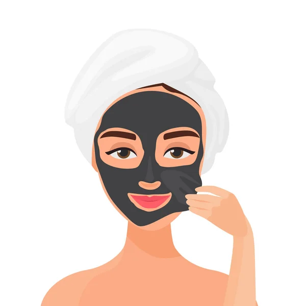 ブラッククリーニングフェイスマスク 女性のチャコールマスク顔ベクター漫画イラスト — ストックベクタ