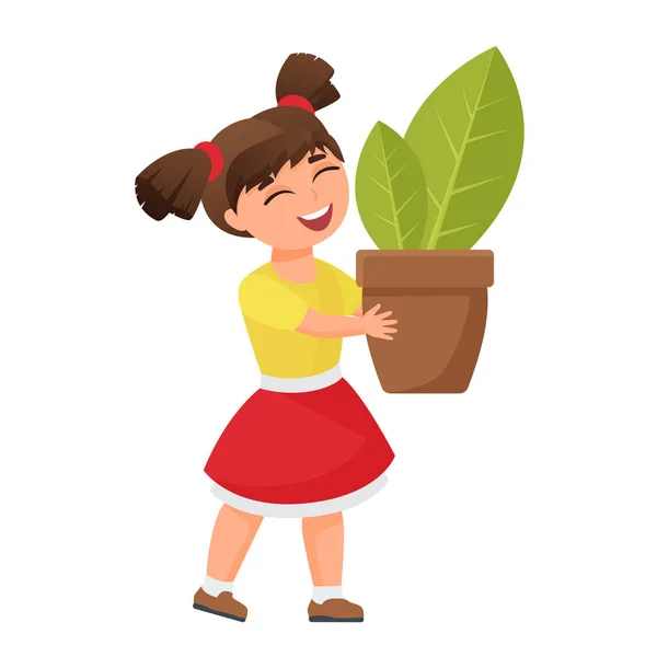 Chica Feliz Con Planta Maceta Los Niños Ayudan Jardín Actividad — Archivo Imágenes Vectoriales