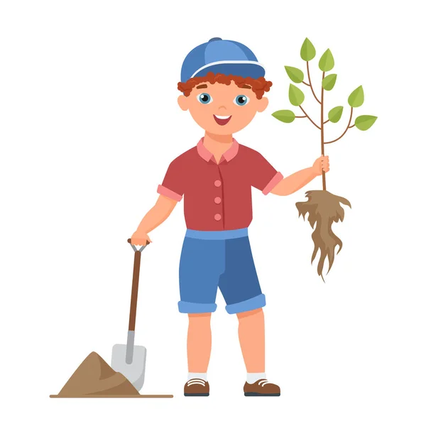 Malý Chlapec Zasadil Strom Happy Dítě Zahradničení Uložit Přírodu Vektor — Stockový vektor
