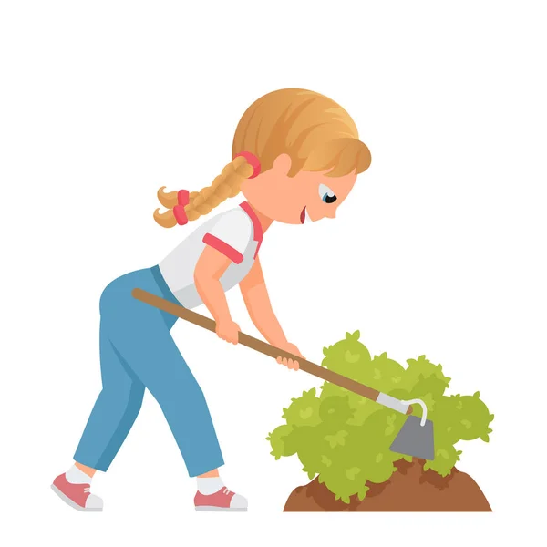 Holčička Pracující Zahradě Dětská Zahradnická Činnost Uložit Příroda Vektorové Kreslené — Stockový vektor
