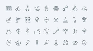 Budizm ince siyah çizgi simgeleri vektör illüstrasyonunu belirler. Tayland tapınakları ve Buda heykeli, Zen meditasyonunun bütünsel sembolleri, refah ve geri çekilme, Budist ve ruhani denge için keşiş pozları