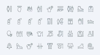 Giysi ve ayakkabı numarası ince siyah çizgi simgeleri vektör illüstrasyonunu ayarlar. Terzi rehberi çizelgeleri, insan vücudu parçaları ve baş ölçüleri elbise ve gömlek, göğüs ve boyun, bel ve kalça çevresi