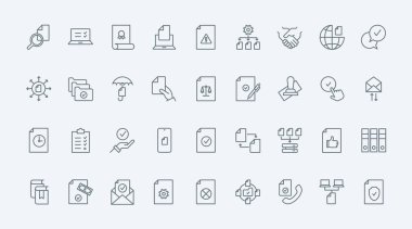 Belge onayı ince çizgi simgeleri vektör illüstrasyonunu ayarlar. İş ürünü için kalite garantisi belgesi, denetim formu veya raporunu onaylamak için mühür ve pul rozetli kağıt, anlaşma