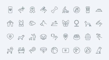 Köpek bakımı, eğitim, veteriner çizgisi simgeleri vektör çizimi. Tabakta ve oyuncaklarda evcil hayvan mamaları, köpek patisi ve köpek kulübesi, farklı cins ve sahiplere hizmet ve yardım