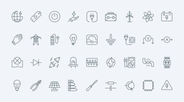 Elektrik, elektrik devresi sembolleri ince çizgi simgeleri vektör illüstrasyonunu ayarlar. Elektrik hatları ve şimşek şarjı, koruma teçhizatı ve elektrik ve ampul ekipmanları, priz ve soket