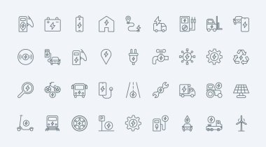 Elektrikli araçlar ve enerji ince çizgi simgeleri vektör illüstrasyonunu ayarlar. Çevreyi kurtarmak için EV servis sembolleri, elektrik enerjisi verimli tüketim, üretim ve depolama, pil şarj noktaları