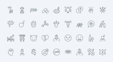 Stres ince çizgi simgeleri vektör illüstrasyonunu ayarlar. Anksiyete ve yorgunluk sembolleri, akşamdan kalma ve iş yorgunluğu, pili bitmiş yorgun hasta adam, kafası buharlı sinirli ve sinirli insan.