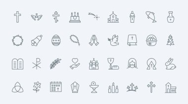 Hıristiyan dini ince siyah çizgi simgeleri vektör illüstrasyonunu belirler. Katolik ve vaftiz kilisesi ve kutsal İncil, ilk komünyon ve ibadet sembolleri, Noel ve Paskalya dini kutlamaları