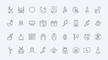 İslam ince siyah çizgi simgeleri vektör illüstrasyonunu belirler. Ana hatlarıyla Müslüman dini ve ibadet sembolleri, tesettür içinde Suudi erkek ve kadın, cami ve Kuran, ibadet ve sadaka için dini takvim