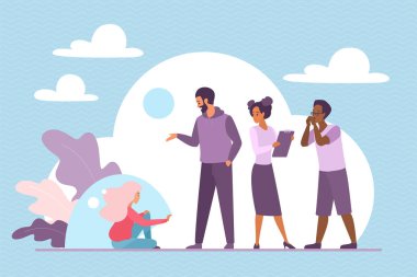 Kişisel sınırlar çizen kişi vektör çizimi. Çizgi filmdeki kadın kişisel alanı kapatmak için cam baloncuk tutuyor ve iş arkadaşları, arkadaşları ya da aile bireyleriyle sağlıksız etkileşimler kuruyor.