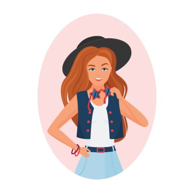 Havalı hippi kız. Şapka vektörü çizimleriyle şık giyinmiş güzel genç bir kadın.