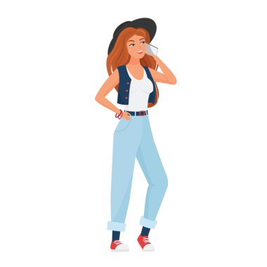 Güzel hippi kız telefonda konuşuyor. Şapka vektörü çizimi olan zarif genç bayan.